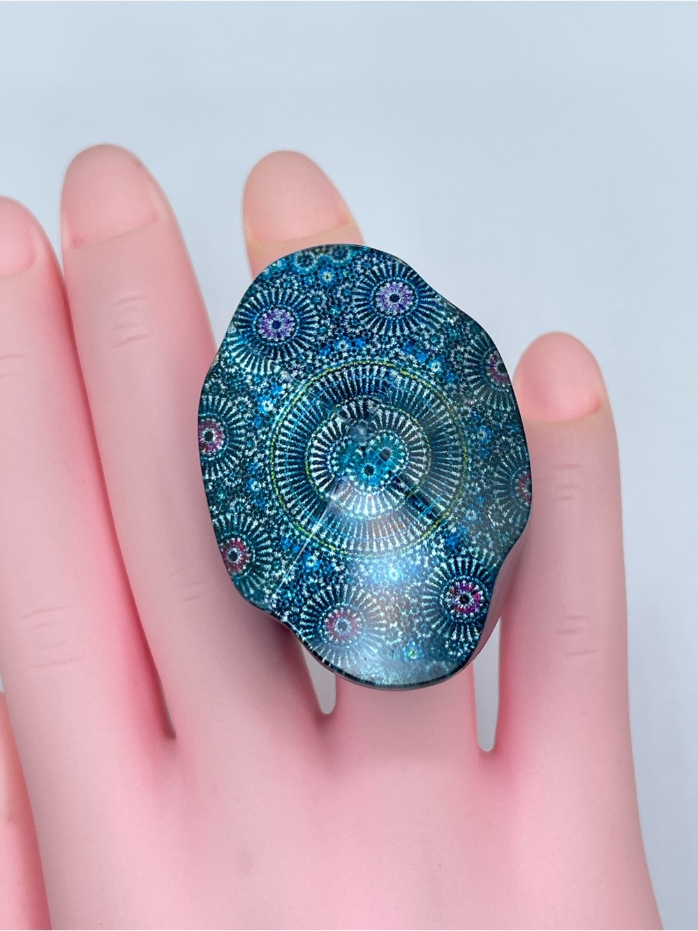 Black Blue Acrylic Kaleidoscope Chunky Statement Ring Abstract Mod Geometric